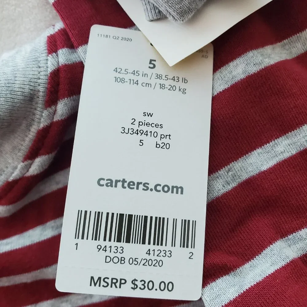 NEW Kids Carters Pajamas Set Red Stripe Long Sleeve Pants‎ Size 5 Boys Girls